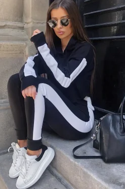 Rebellious Fashion Black Side Stripe Cropped Hoodie and Jogger Set - Darshi