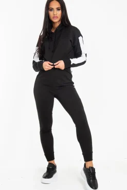 Rebellious Fashion Black Side Stripe Cropped Hoodie and Jogger Set - Darshi