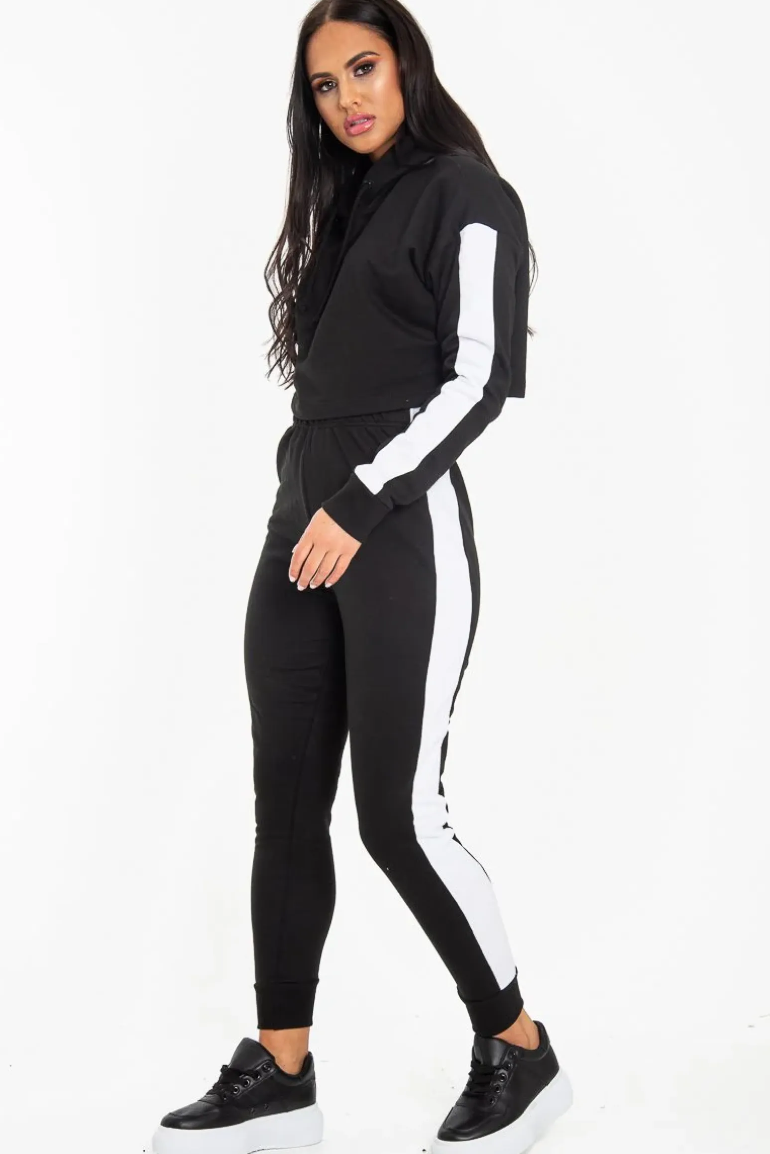 Rebellious Fashion Black Side Stripe Cropped Hoodie and Jogger Set - Darshi