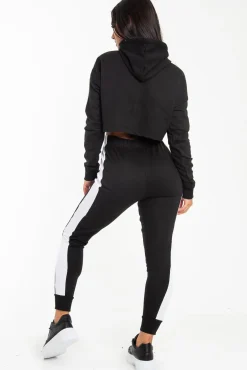 Rebellious Fashion Black Side Stripe Cropped Hoodie and Jogger Set - Darshi