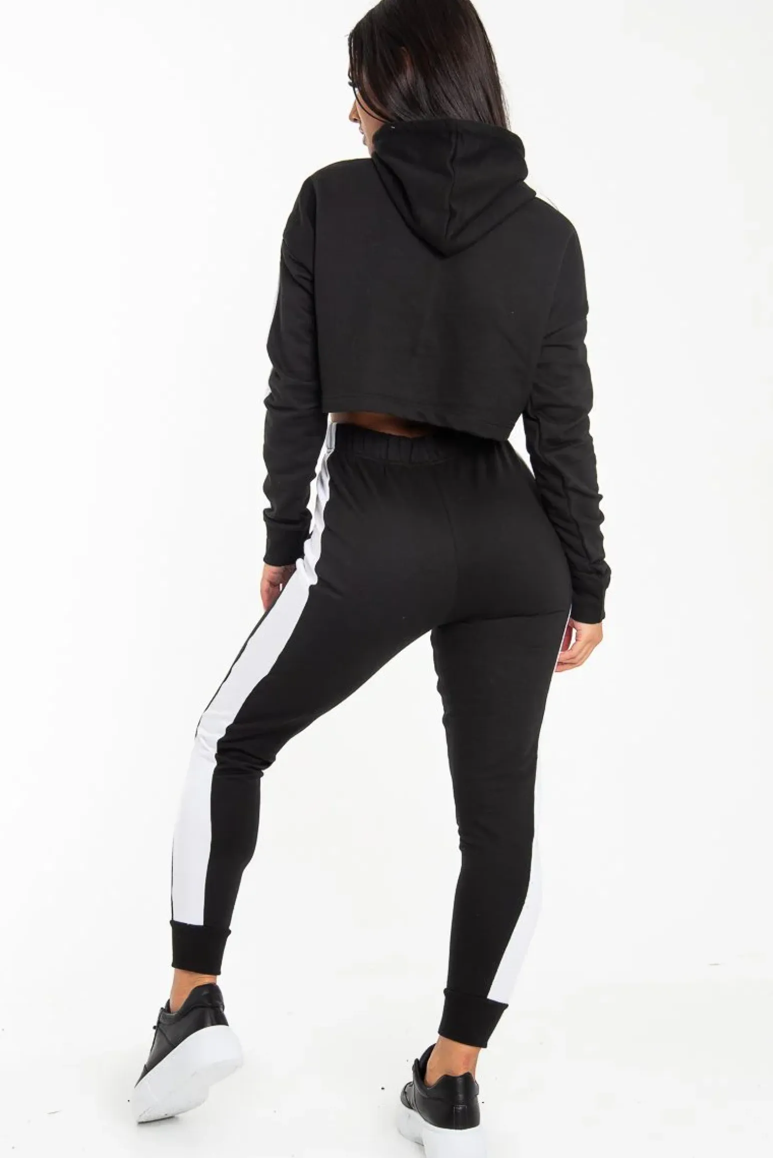 Rebellious Fashion Black Side Stripe Cropped Hoodie and Jogger Set - Darshi
