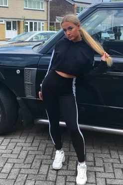 Rebellious Fashion Black Side Stripe Cropped Hoodie and Jogger Set - Darshi