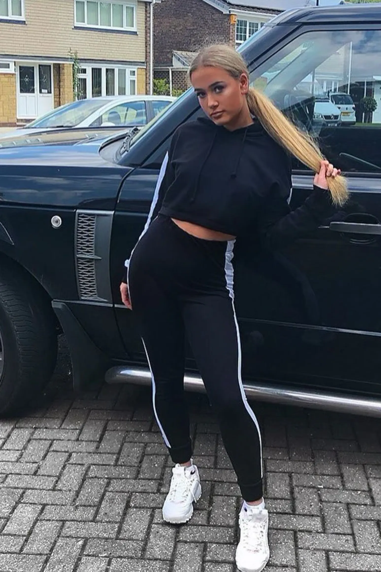 Rebellious Fashion Black Side Stripe Cropped Hoodie and Jogger Set - Darshi