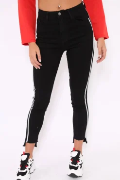 Rebellious Fashion Black Side Stripe Dip Hem Skinny Jeans - Tinlee