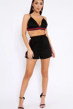 Rebellious Fashion Black Side Stripe Popper Shorts and Bralet Co-Ord - Tommie