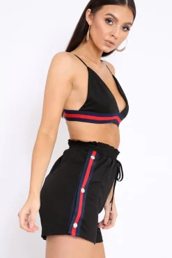 Rebellious Fashion Black Side Stripe Popper Shorts and Bralet Co-Ord - Tommie