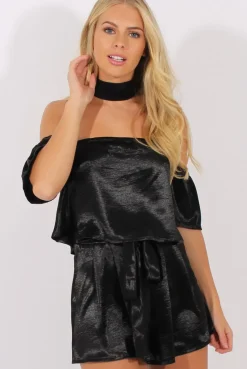Rebellious Fashion Black Silk Choker Bardot Co-ord - Cari