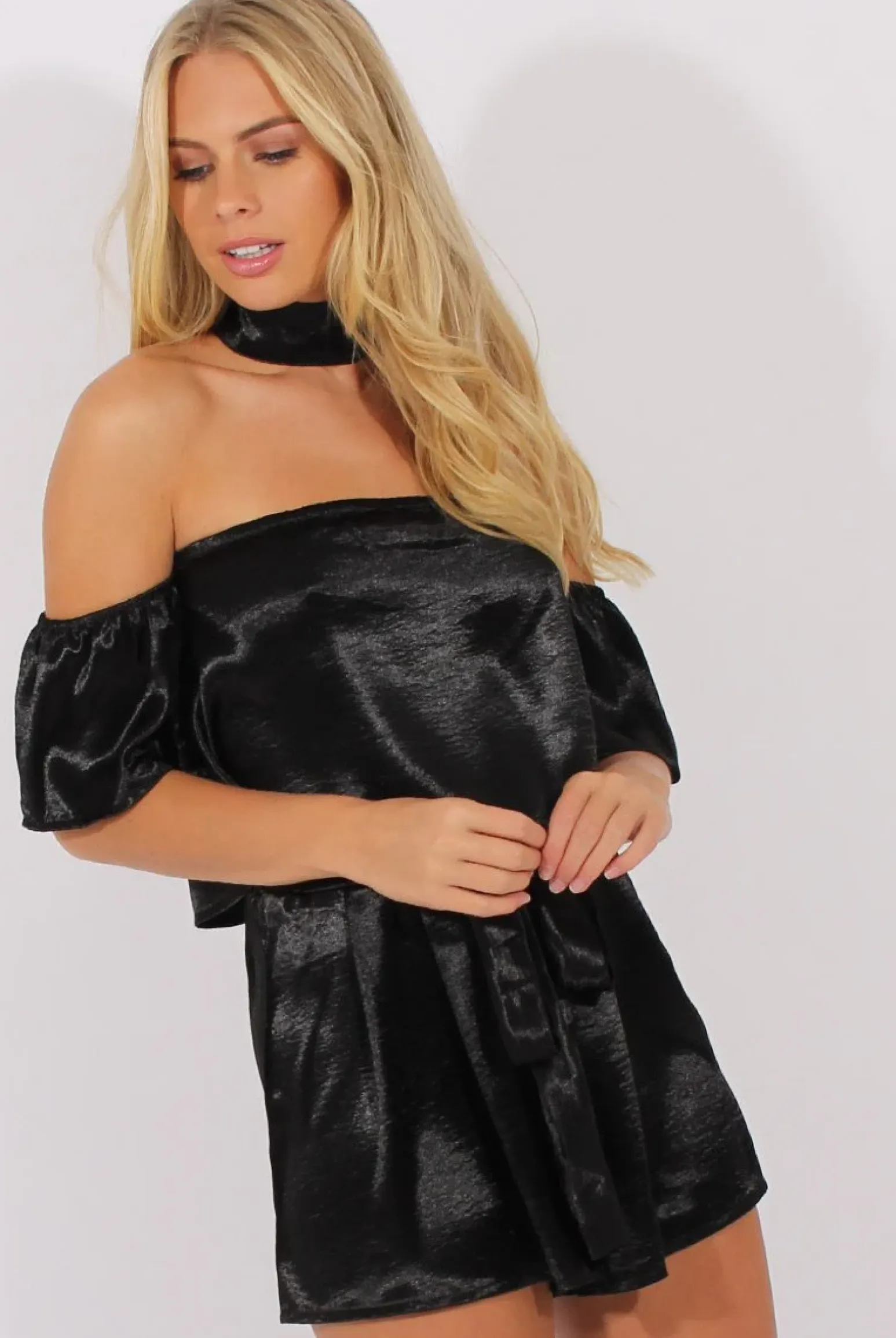 Rebellious Fashion Black Silk Choker Bardot Co-ord - Cari