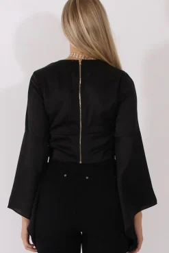 Rebellious Fashion Black Silk Flare Sleeves Crop Top - Anise