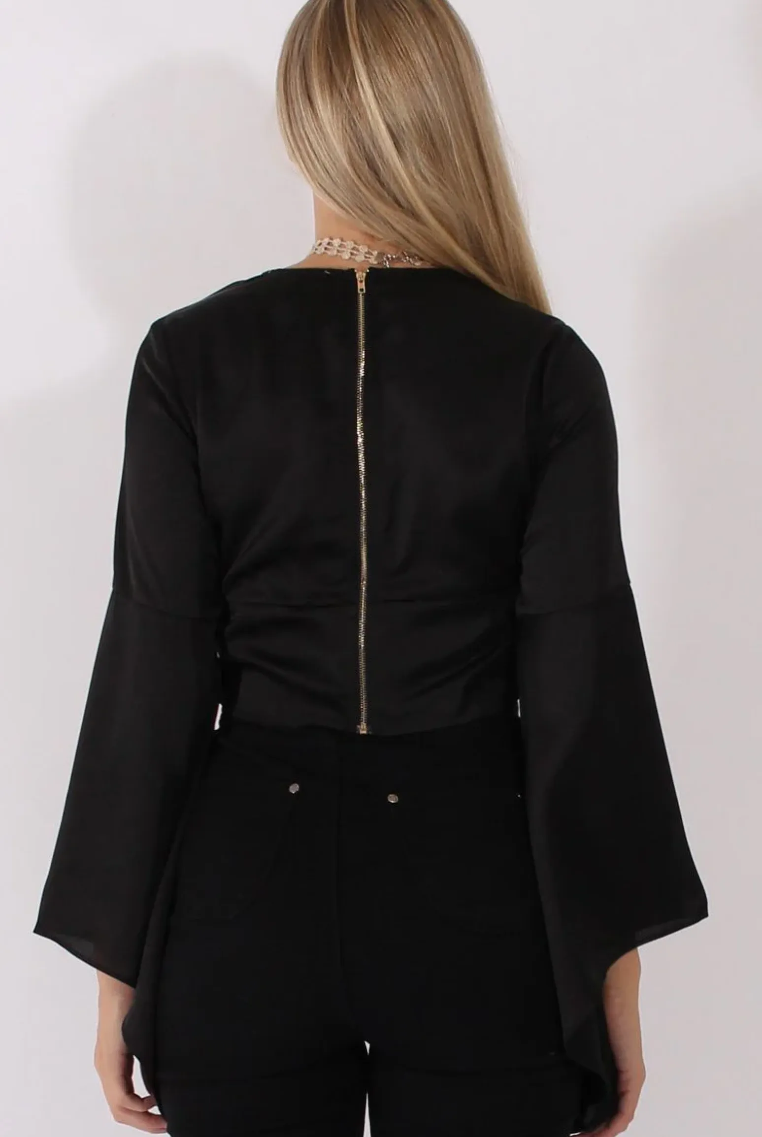Rebellious Fashion Black Silk Flare Sleeves Crop Top - Anise