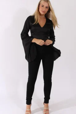 Rebellious Fashion Black Silk Flare Sleeves Crop Top - Anise