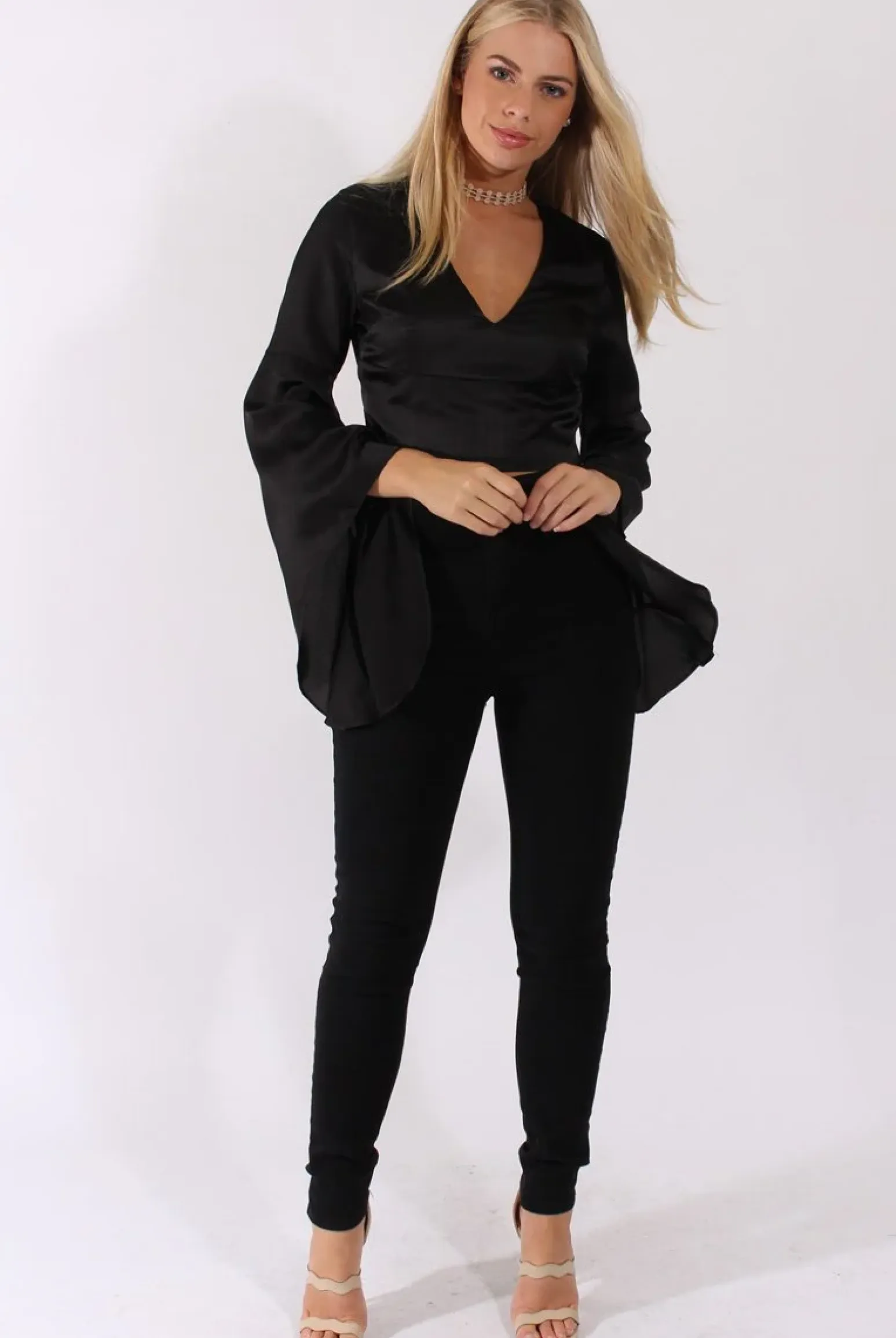 Rebellious Fashion Black Silk Flare Sleeves Crop Top - Anise