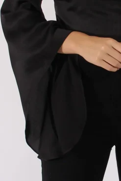 Rebellious Fashion Black Silk Flare Sleeves Crop Top - Anise
