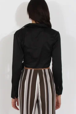 Rebellious Fashion Black Silk Wrap Crop Top - Danielle