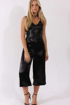 Rebellious Fashion Black Silky Culotte Jumpsuit - Berry