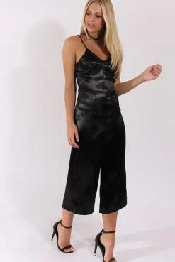 Rebellious Fashion Black Silky Culotte Jumpsuit - Berry