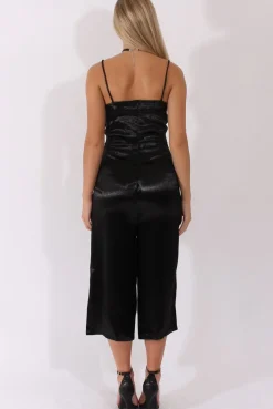 Rebellious Fashion Black Silky Culotte Jumpsuit - Berry