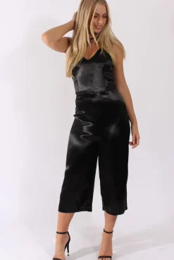 Rebellious Fashion Black Silky Culotte Jumpsuit - Berry