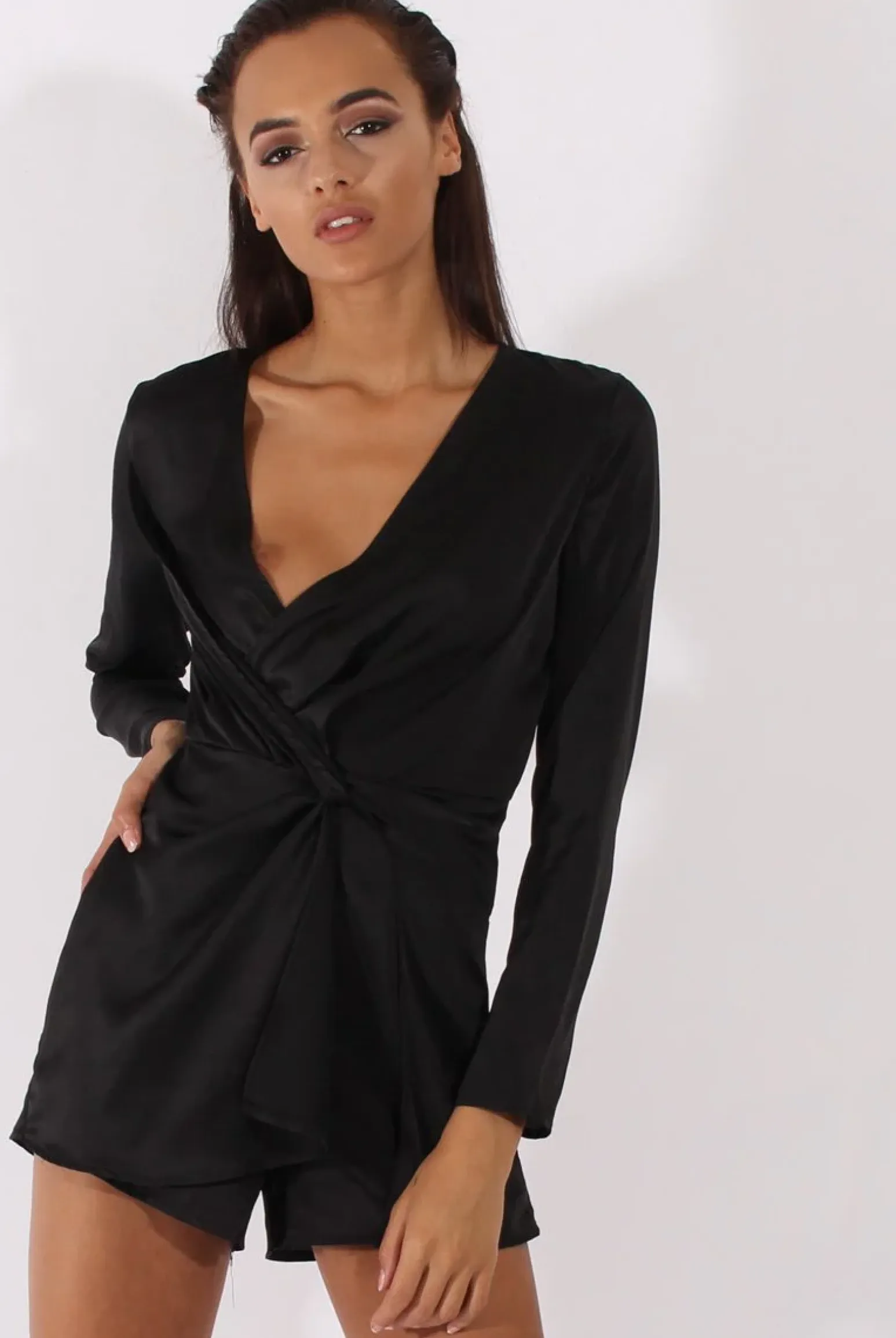 Rebellious Fashion Black Silky Front Twist Playsuit - Venus