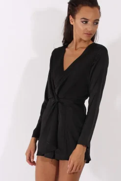 Rebellious Fashion Black Silky Front Twist Playsuit - Venus