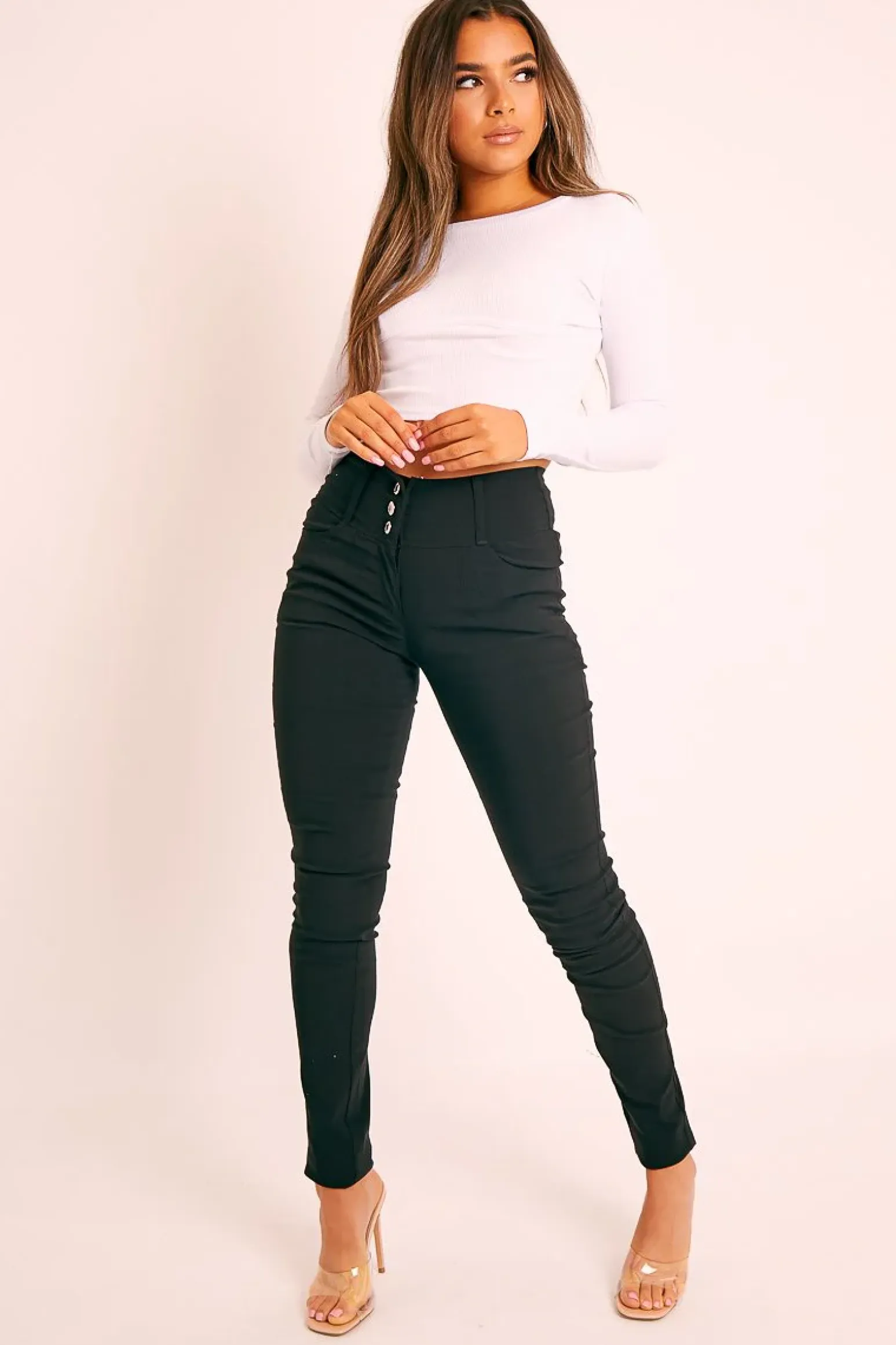 Rebellious Fashion Black Silver Button High Waist Jeans - Sylvi
