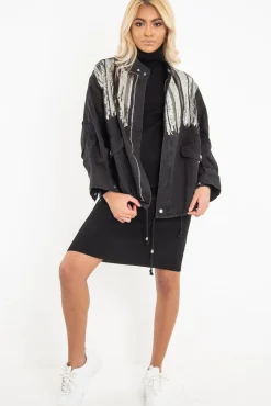 Rebellious Fashion Black Silver Sequin Parka Denim Jacket - Dilara