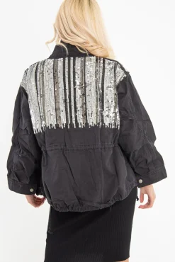 Rebellious Fashion Black Silver Sequin Parka Denim Jacket - Dilara