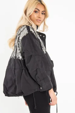 Rebellious Fashion Black Silver Sequin Parka Denim Jacket - Dilara