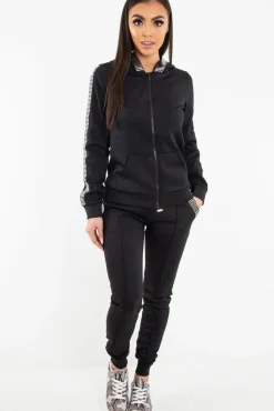 Rebellious Fashion Black Silver Stripe Detail Hooded Tracksuit - Daelyn