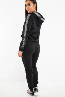Rebellious Fashion Black Silver Stripe Detail Hooded Tracksuit - Daelyn