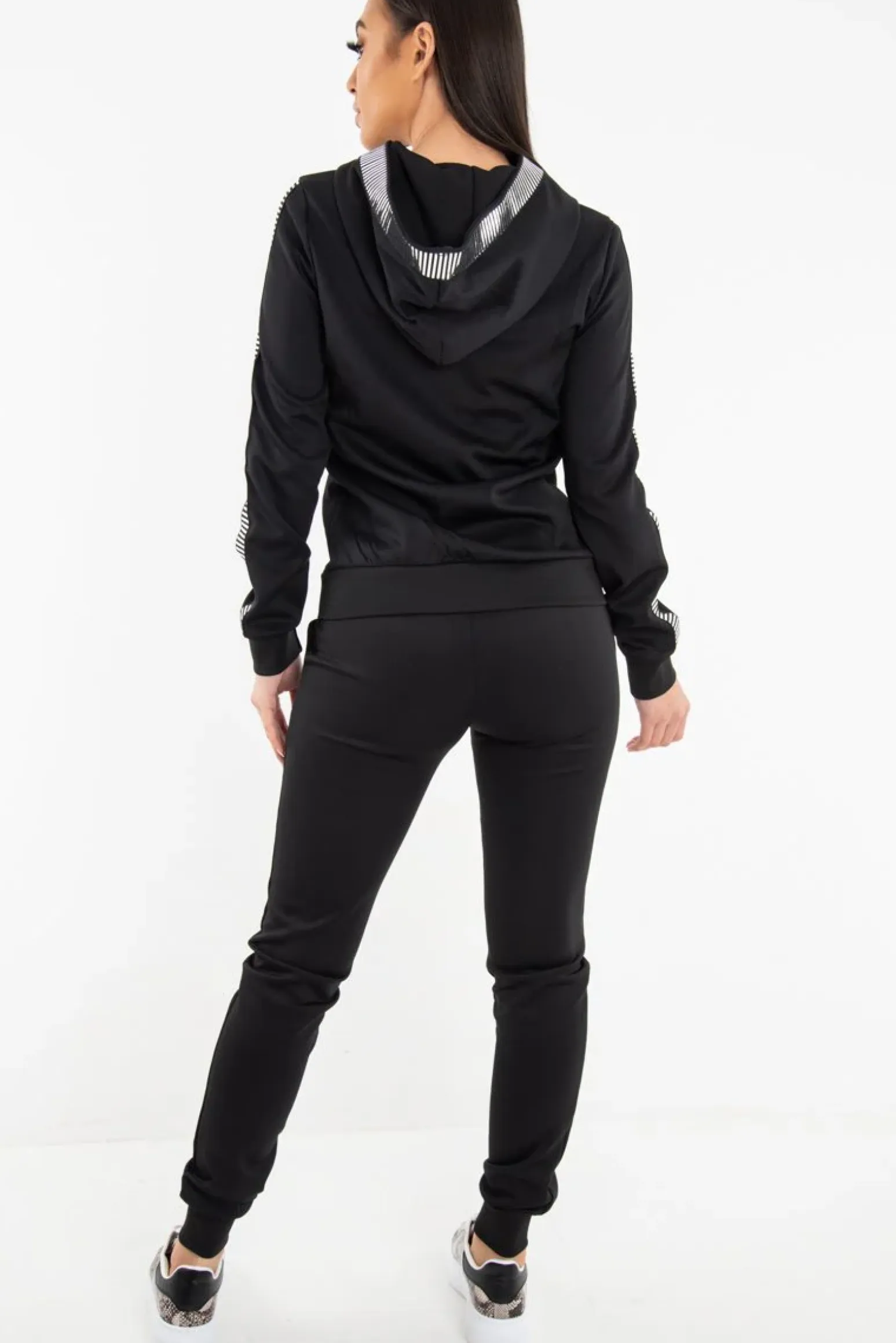 Rebellious Fashion Black Silver Stripe Detail Hooded Tracksuit - Daelyn