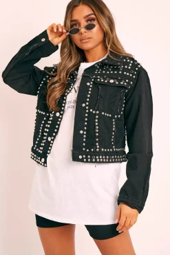 Rebellious Fashion Black Silver Stud Detail Denim Jacket - Cherry