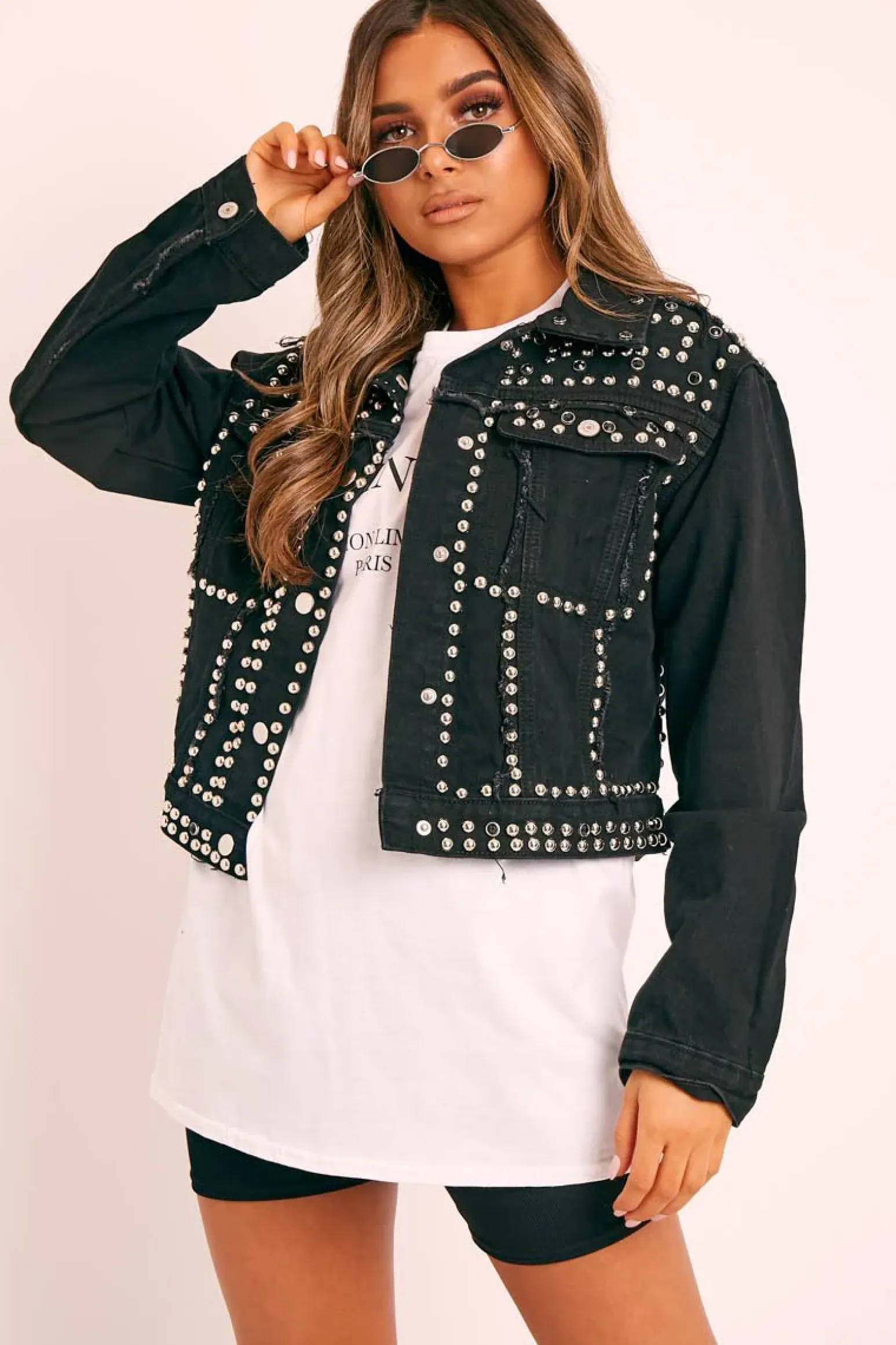 Rebellious Fashion Black Silver Stud Detail Denim Jacket - Cherry
