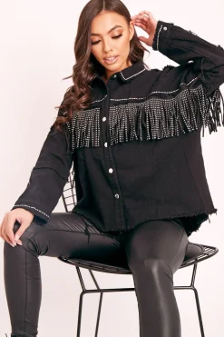Rebellious Fashion Black Silver Stud Western Style Shirt - Idelle