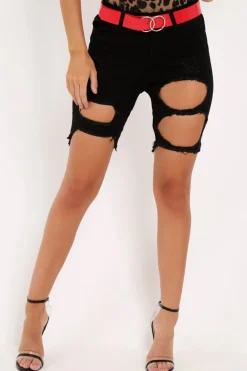 Rebellious Fashion Black Skinny Long Length Denim Shorts - Declynn