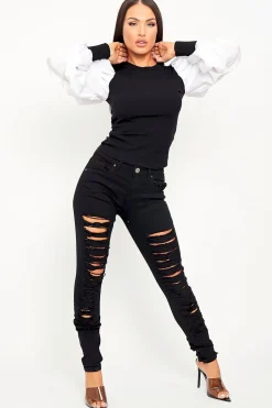 Rebellious Fashion Black Skinny Stretch Ripped Jeans - Cienna