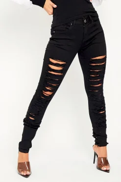 Rebellious Fashion Black Skinny Stretch Ripped Jeans - Cienna