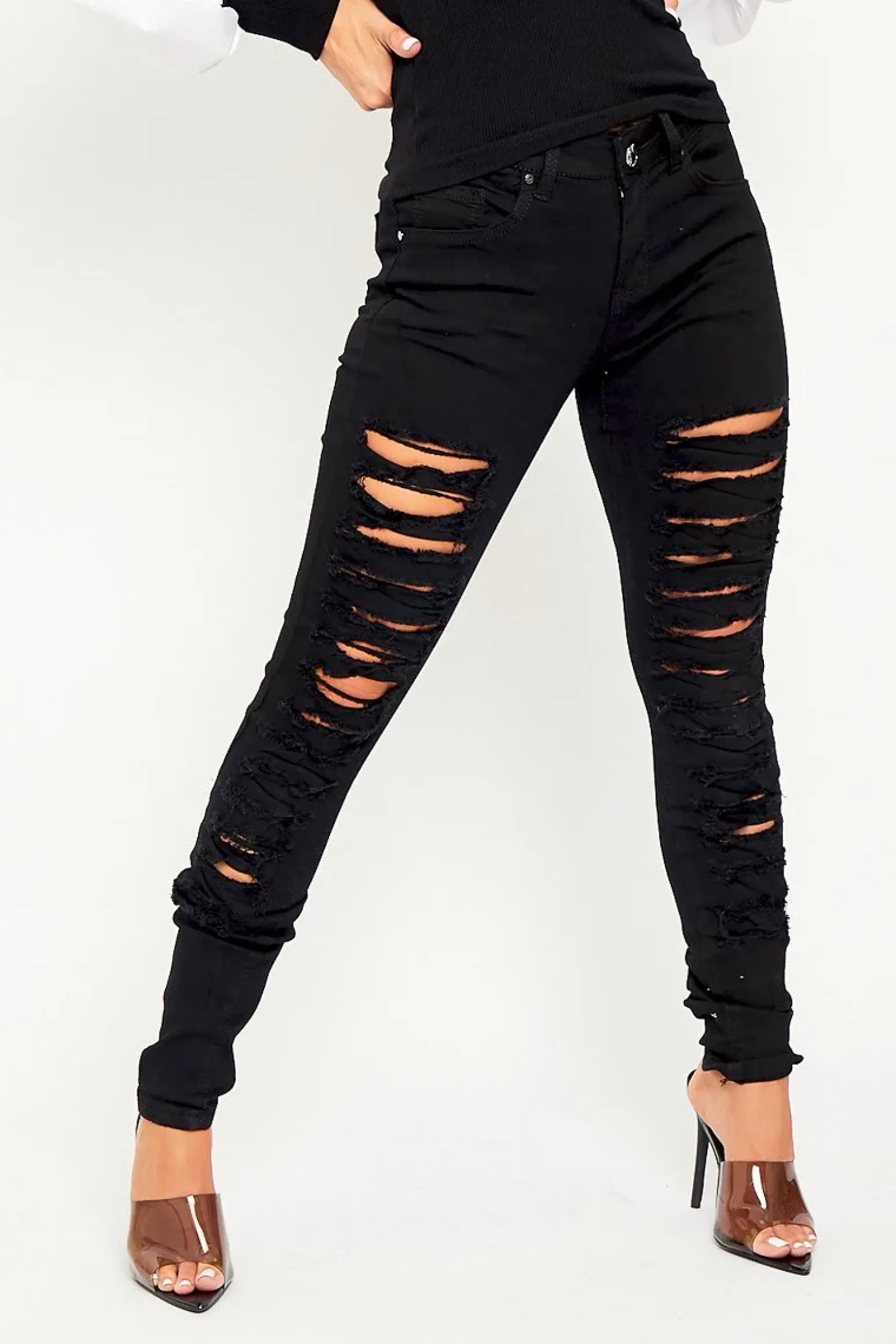 Rebellious Fashion Black Skinny Stretch Ripped Jeans - Cienna