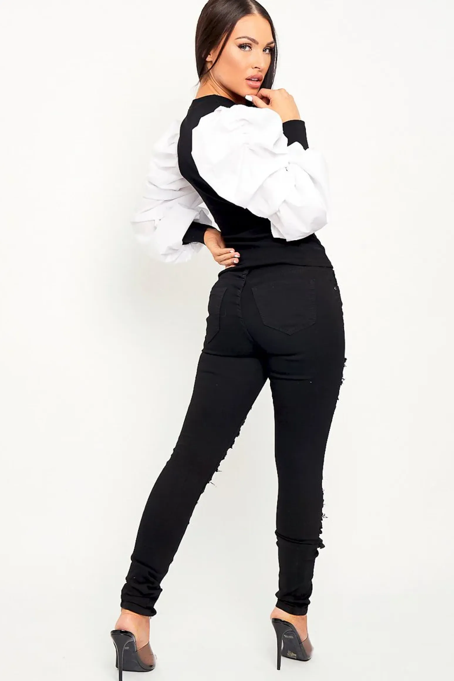 Rebellious Fashion Black Skinny Stretch Ripped Jeans - Cienna