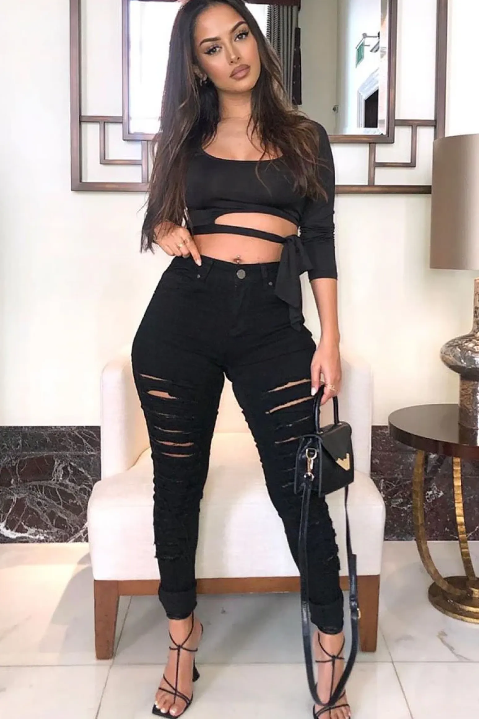 Rebellious Fashion Black Skinny Stretch Ripped Jeans - Cienna