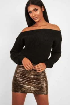 Rebellious Fashion Black Slash Neck Knitted Jumper - Alessia