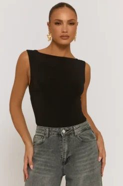 Rebellious Fashion Black Slash Neck Open Back Bodysuit - Aliona