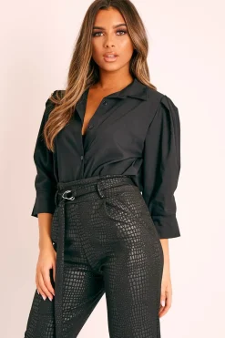Rebellious Fashion Black 3/4 Sleeve Button Shirt - Gelila