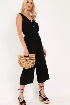 Rebellious Fashion Black Sleeveless Button Down Culotte Jumpsuit - Kalanni