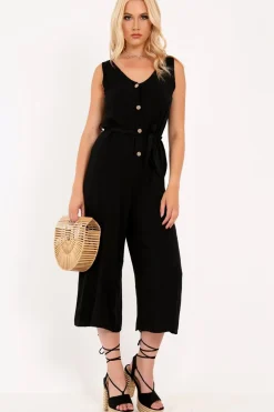 Rebellious Fashion Black Sleeveless Button Down Culotte Jumpsuit - Kalanni