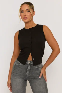 Rebellious Fashion Black Sleeveless Button Up Rib Top - Nikolina
