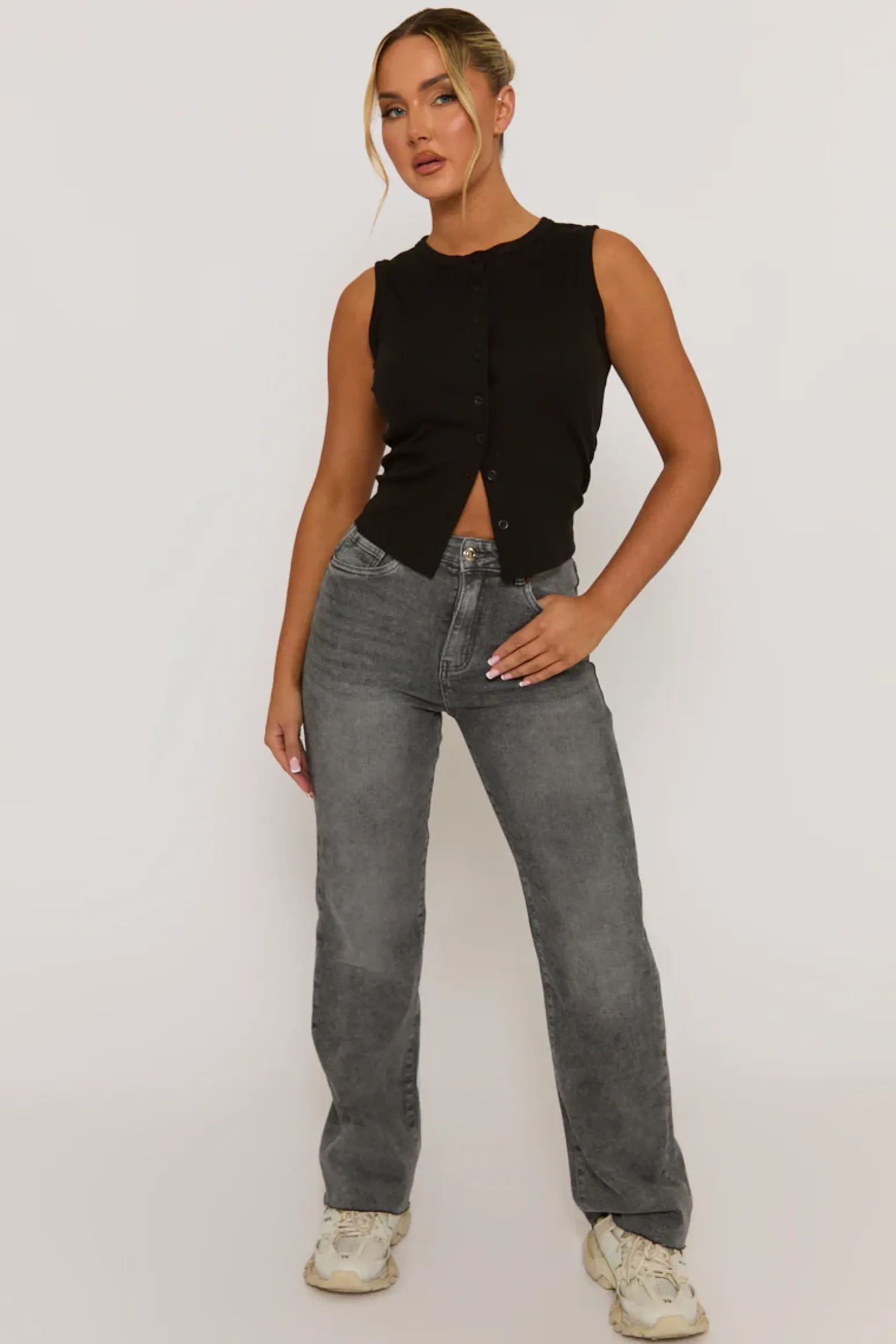 Rebellious Fashion Black Sleeveless Button Up Rib Top - Nikolina