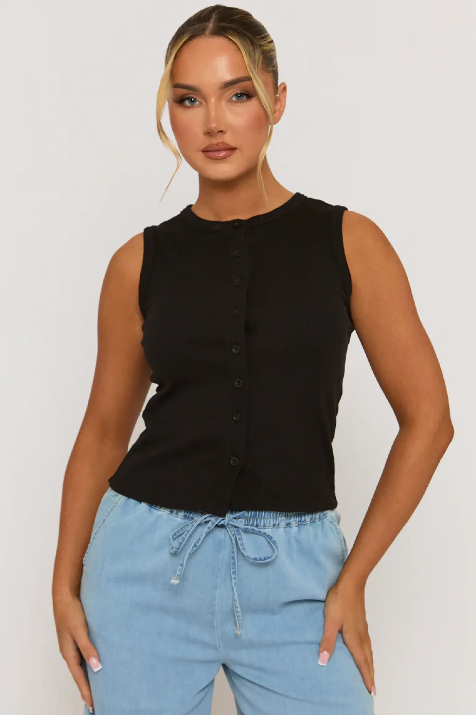 Rebellious Fashion Black Sleeveless Button Up Rib Top - Nikolina