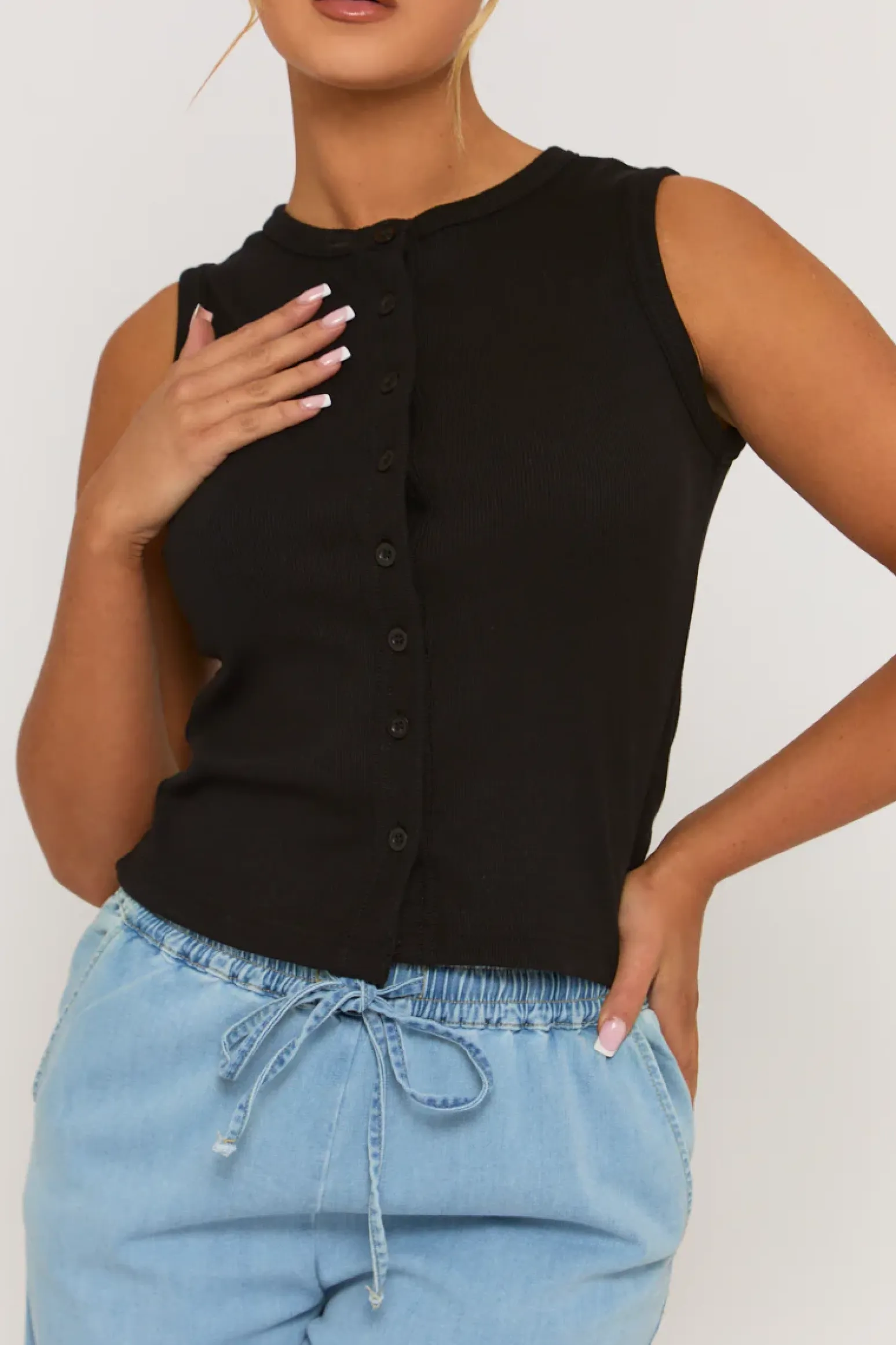 Rebellious Fashion Black Sleeveless Button Up Rib Top - Nikolina