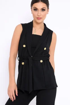 Rebellious Fashion Black Sleeveless Tie Waist Blazer - Tonia